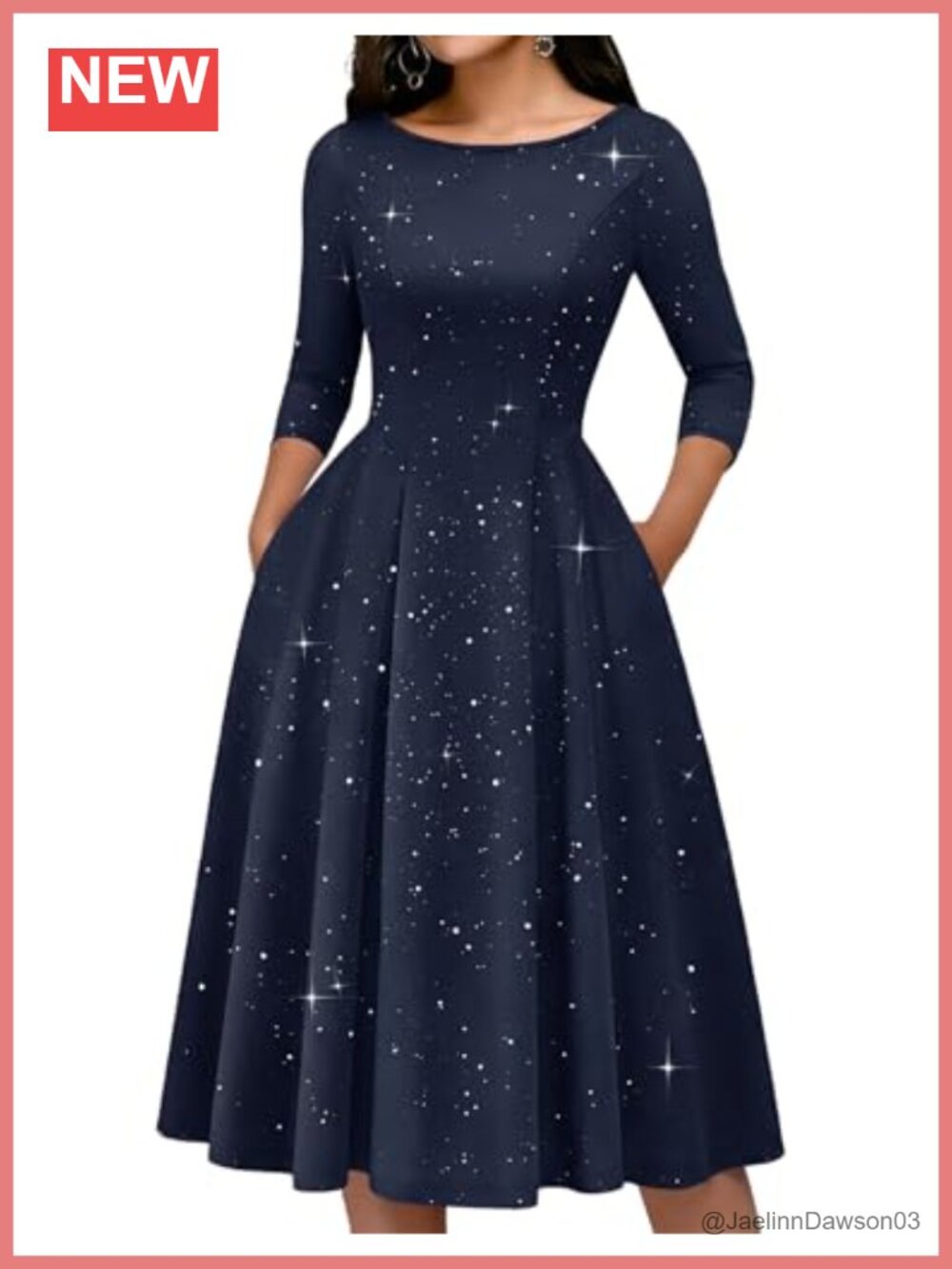 Sequin 3/4 Sleeve A-Line Cocktail Dress with Pockets Midi Formal